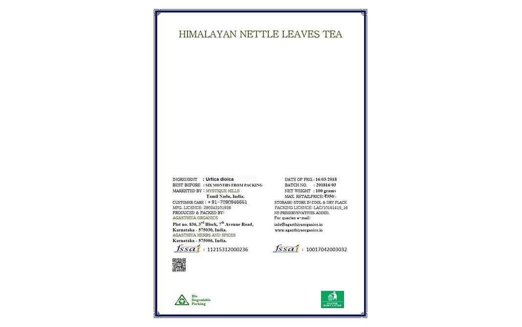 Mystique Hills Organic Living Himalayan Nettle Leaves Tea   Box  100 grams